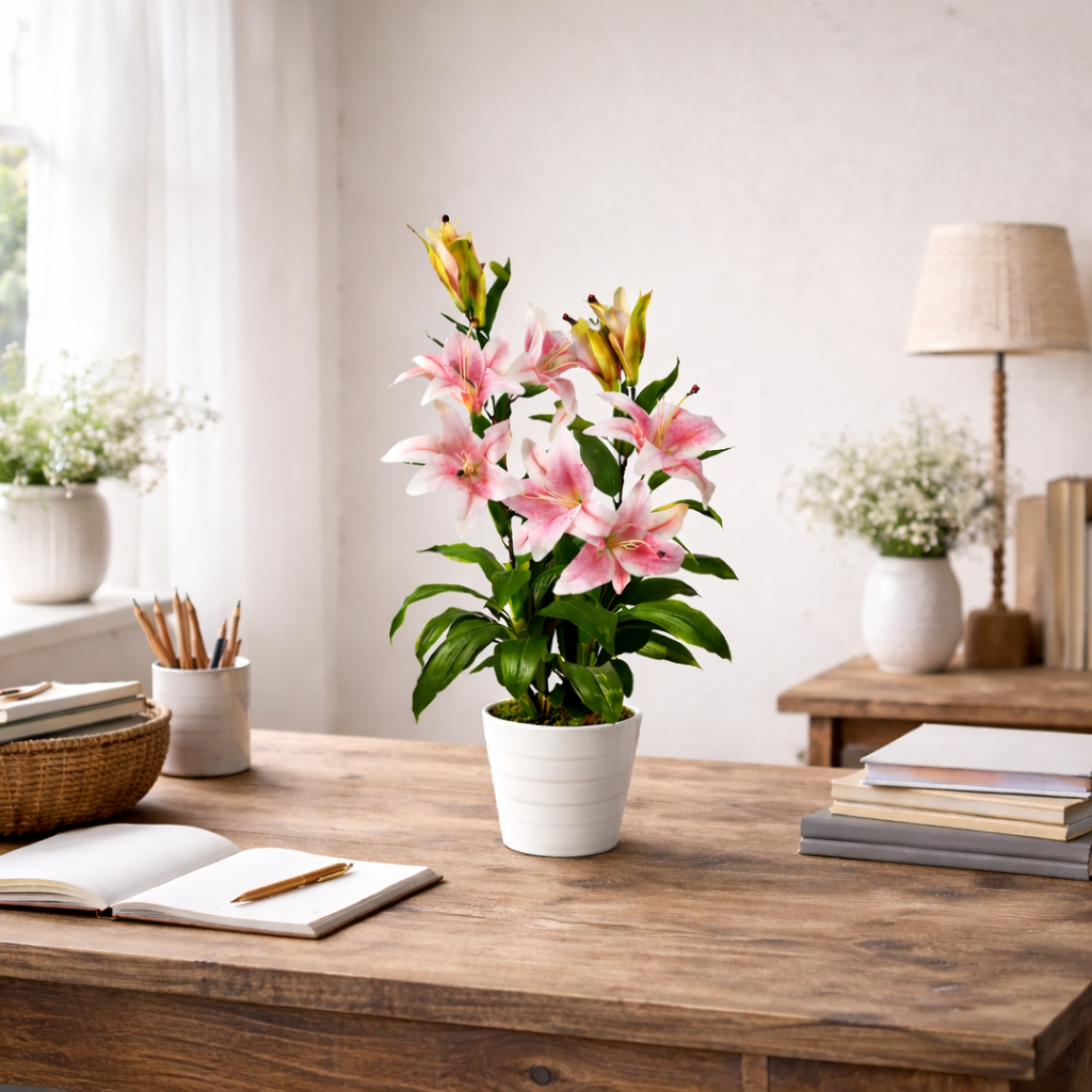 90cm (3ft) Artificial Lily Stargazer Style Lilies Plant Large Flowers White Pot – image 6