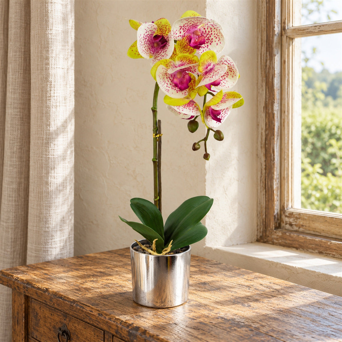 46cm Artificial Orchid Harlequin Pink with Silver Pot