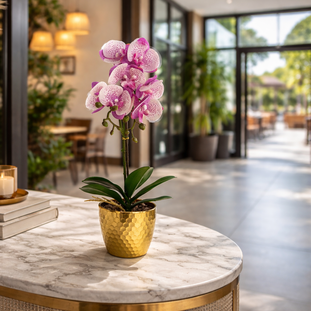50cm Phalaenopsis Orchid Artificial - Purple / White - Gold Pot – image 2