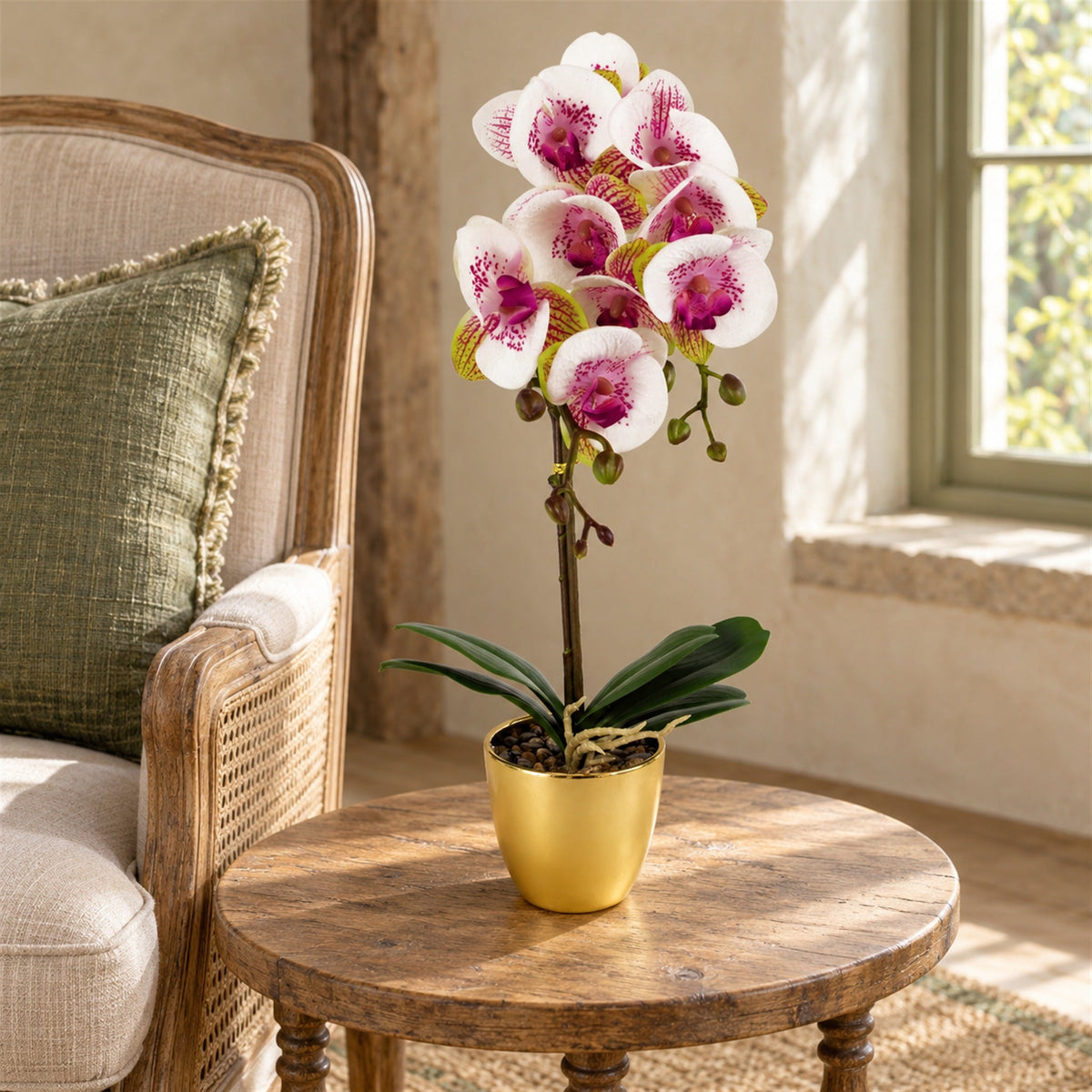 48cm Harlequin Orchid Artificial - Pink with Gold Pot