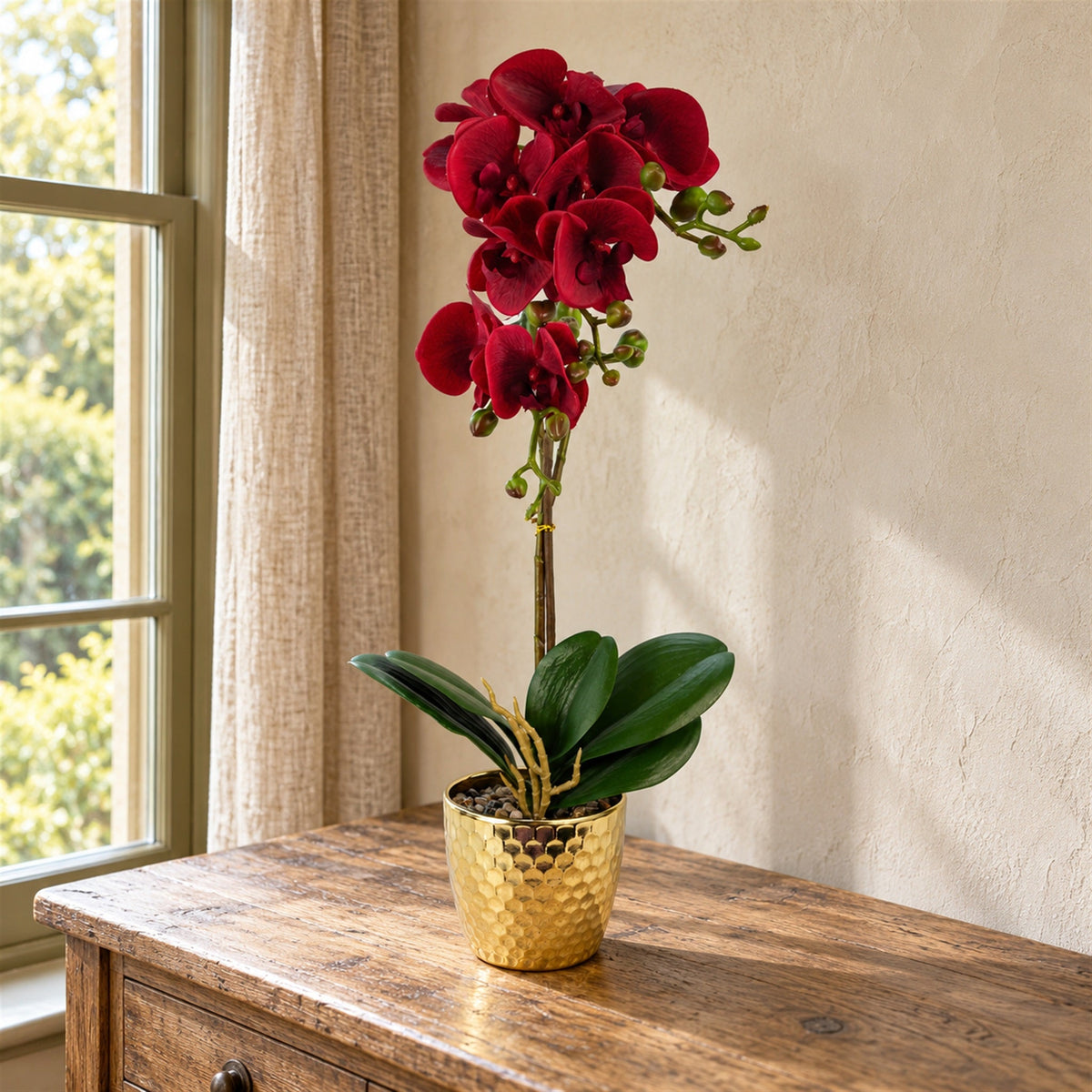 50cm Phalaenopsis Orchid Artificial - Dark Red - Gold Pot