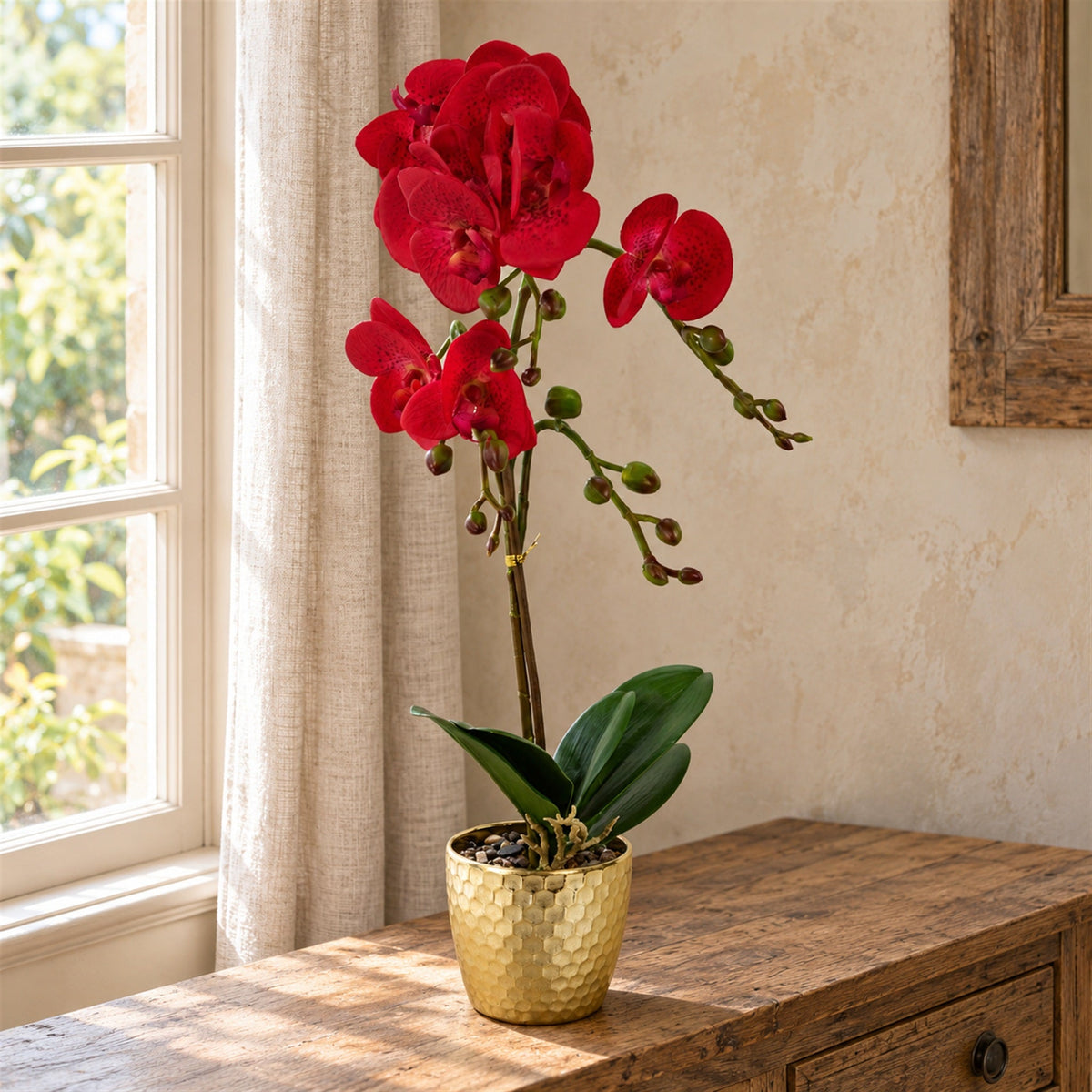 50cm Phalaenopsis Orchid Artificial - Red Leopard - Gold Pot