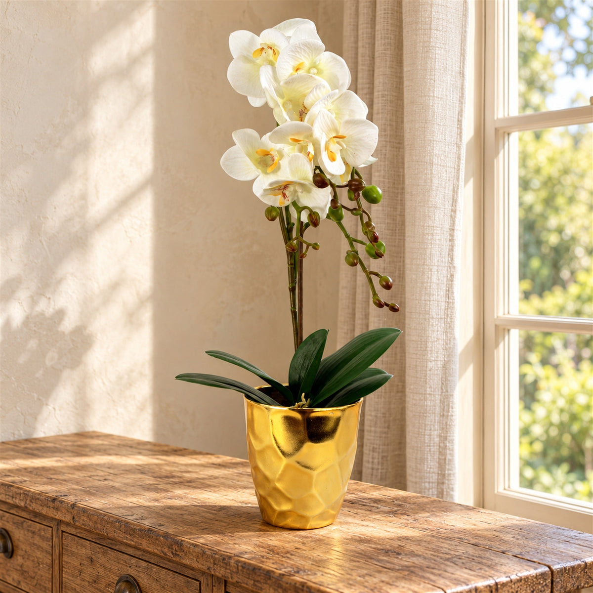54cm Artificial Orchid Plant - White with Gold Pot