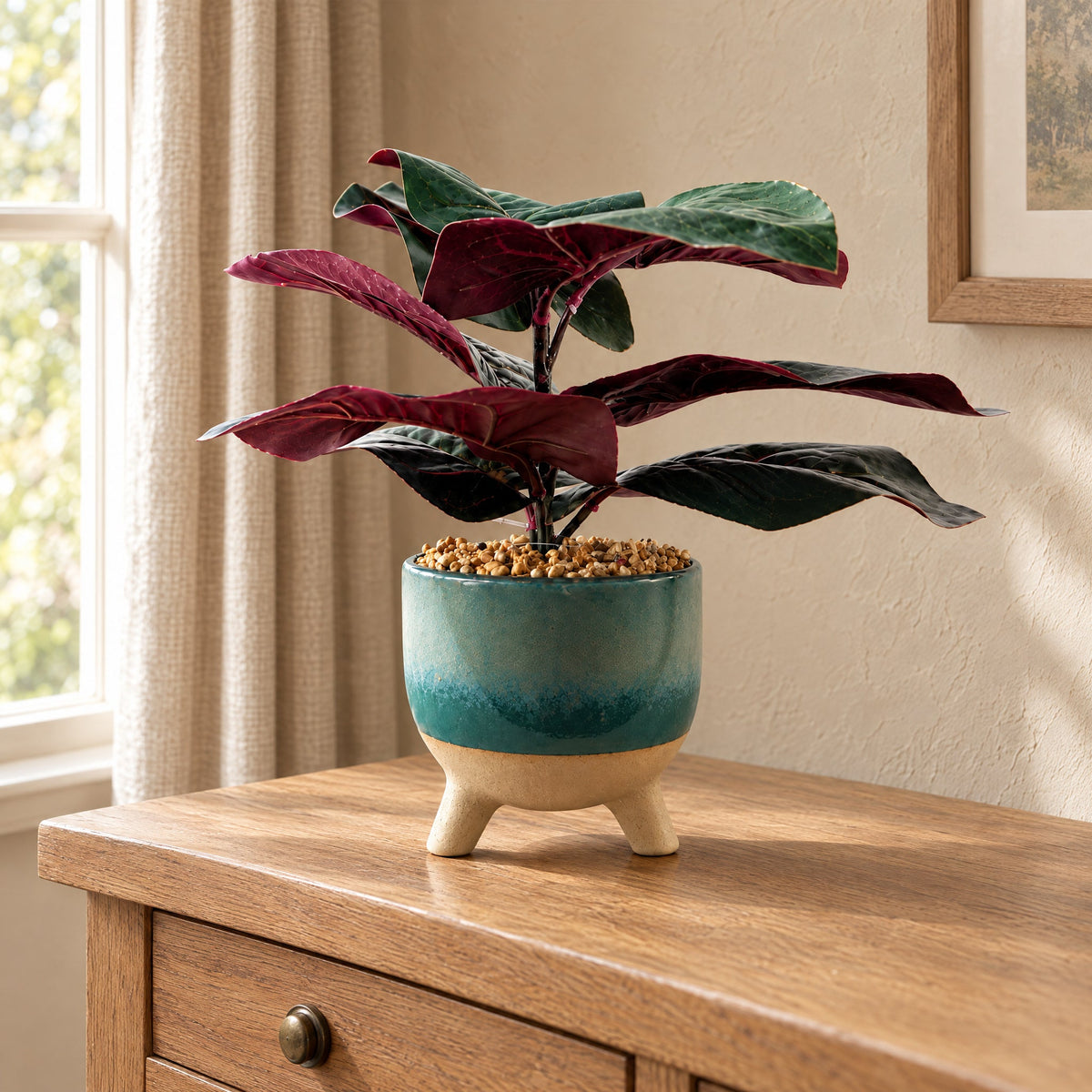 35cm Artificial Ficus Plant with Teal Blue Green Ceramic Planter