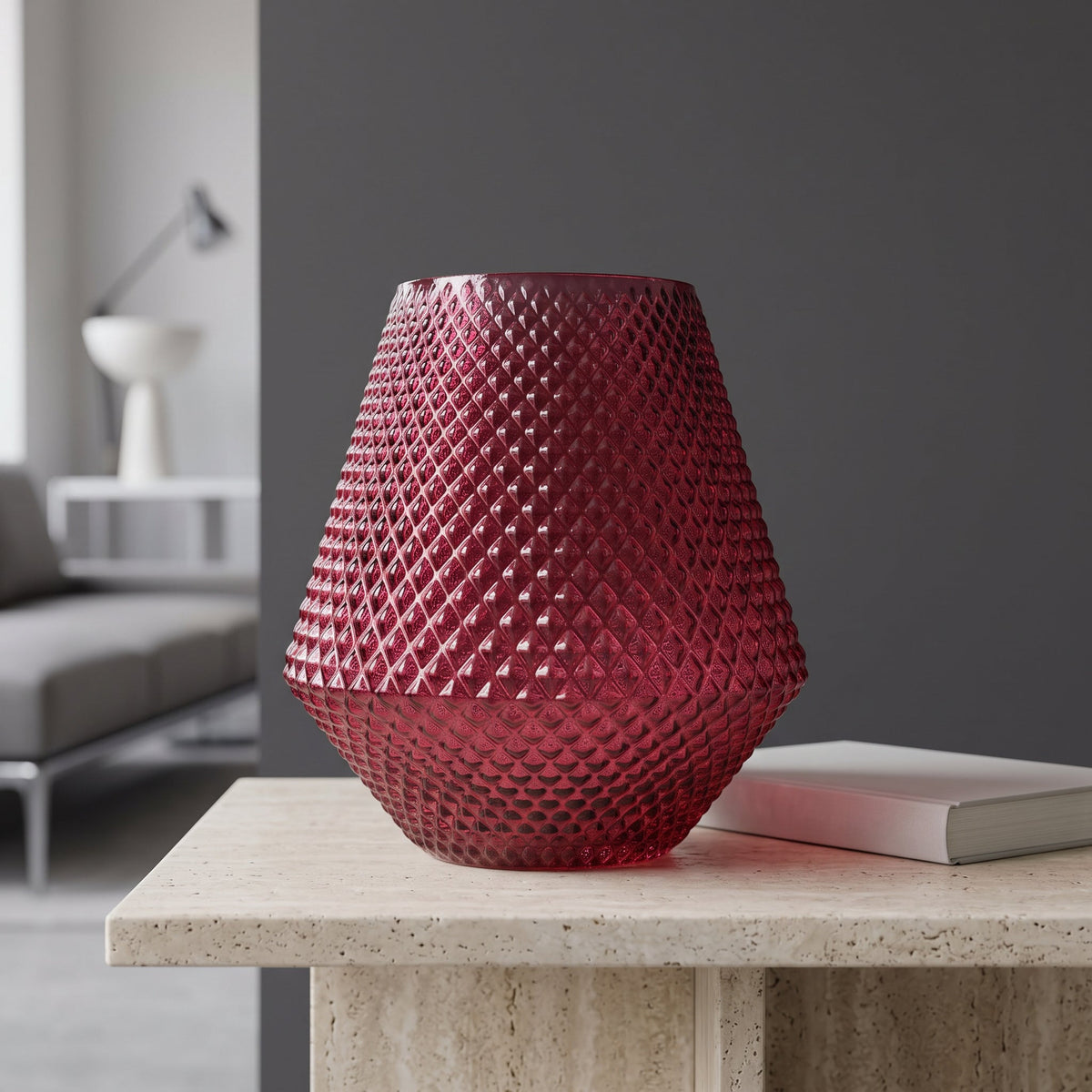 23cm Diamond Embossed Pink Glass Vase