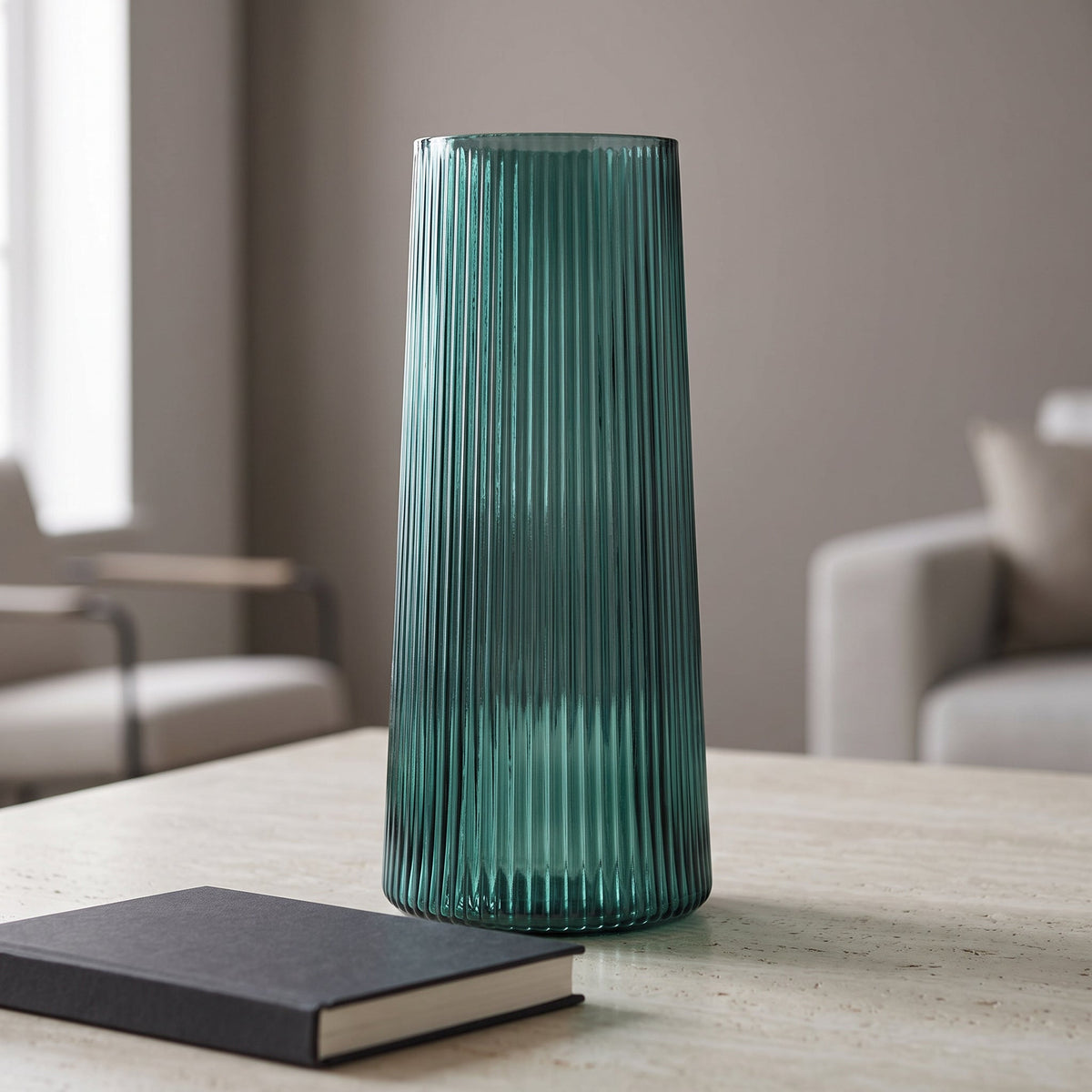 28cm Green Ridged Glass Vase