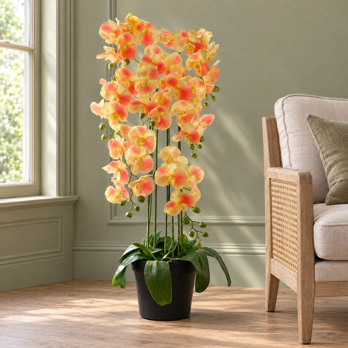 110cm Artificial Yellow Peach Orchid - 41 Real Touch Flowers