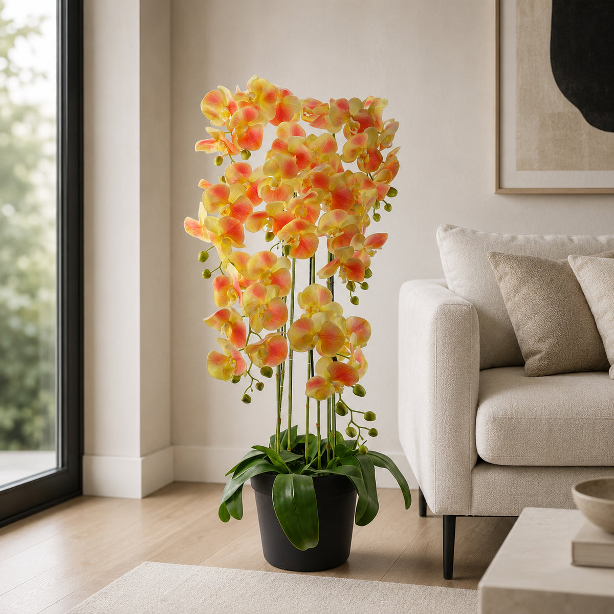 110cm Large Yellow Peach Orchid Plant - Artificial - 41 REAL TOUCH flowers – image 2