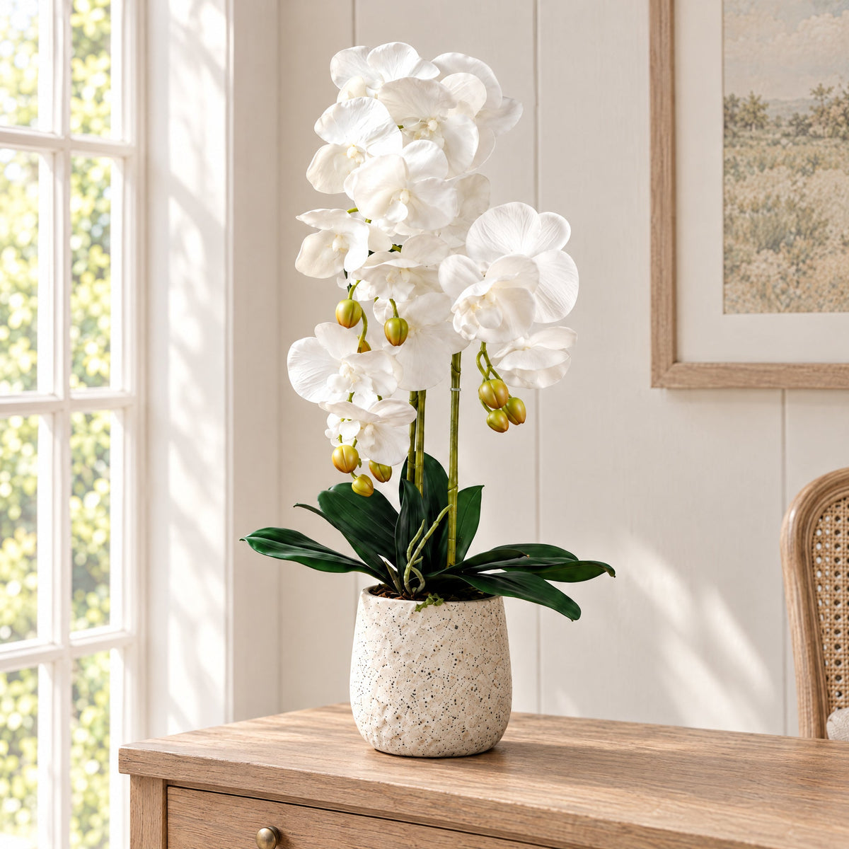 60cm Pure White Artificial Orchid with Ceramic Bubble Planter
