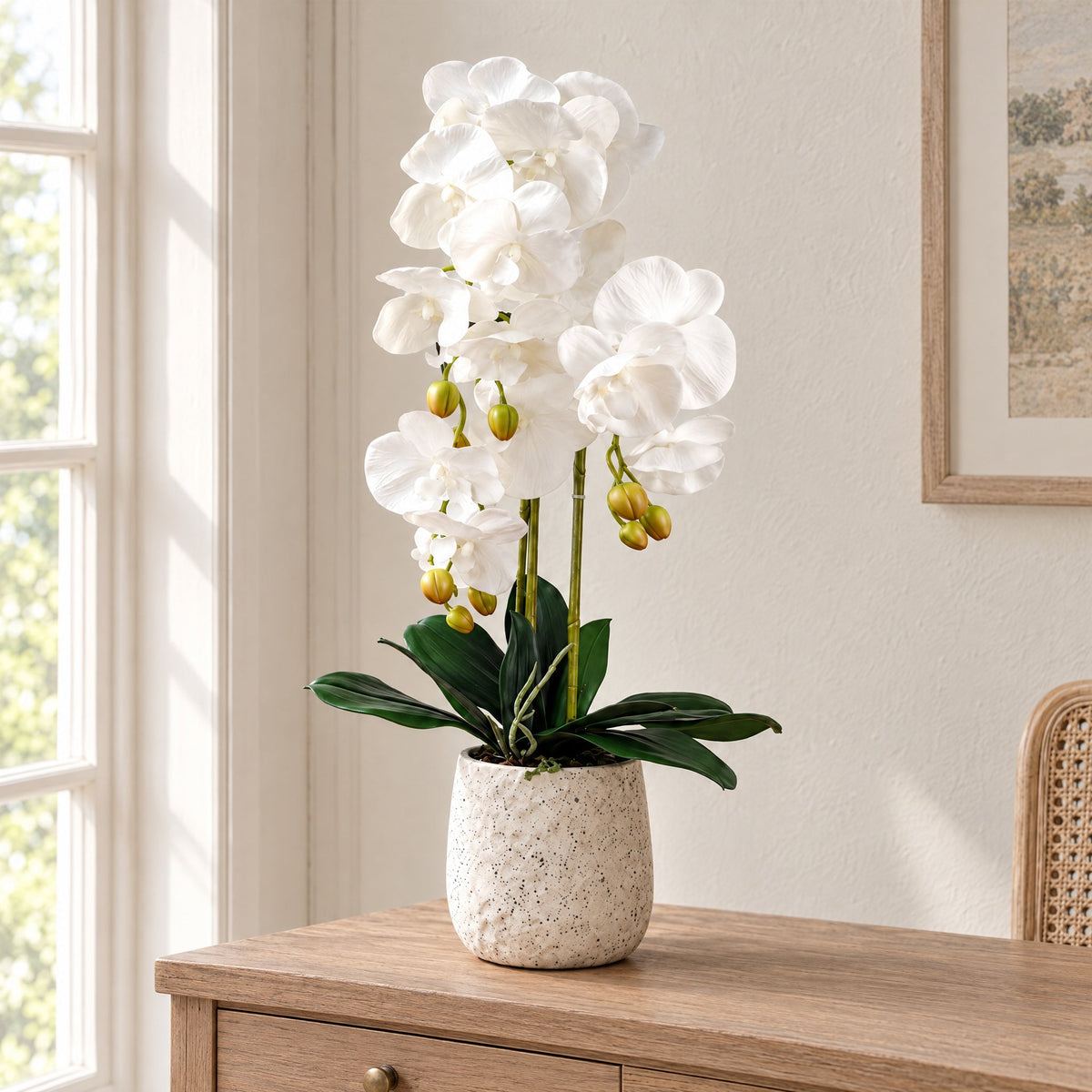 60cm Pure White Artificial Orchid with Ceramic Bubble Planter