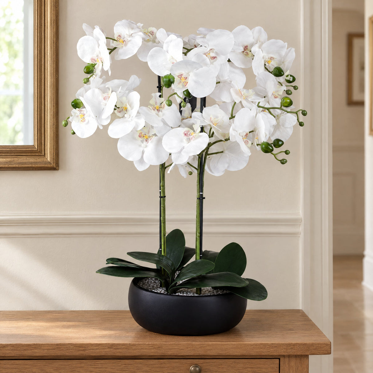 60cm Orchid Artificial White - Black Ceramic Planter