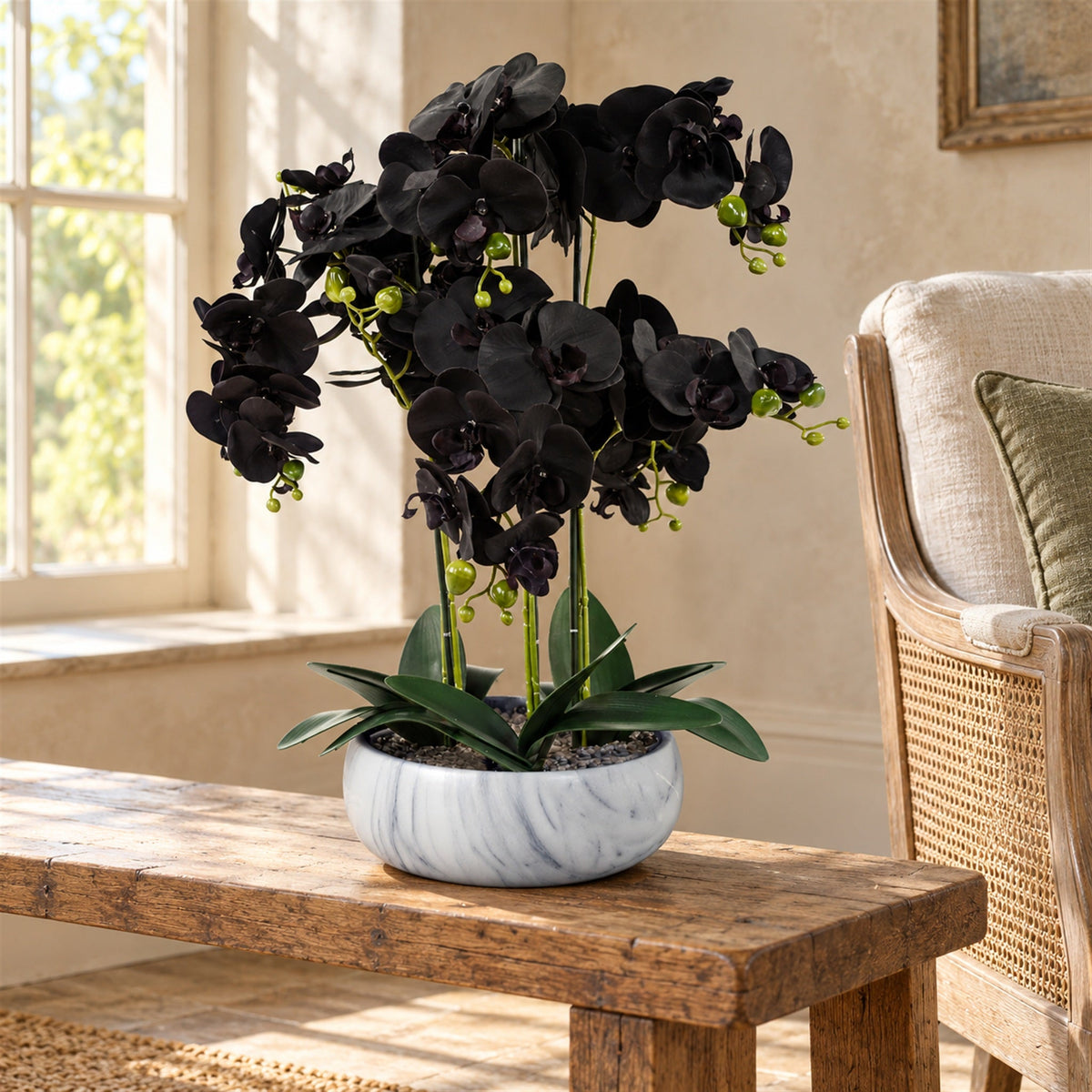 60cm Orchid Artificial Black - White Marble Ceramic Planter