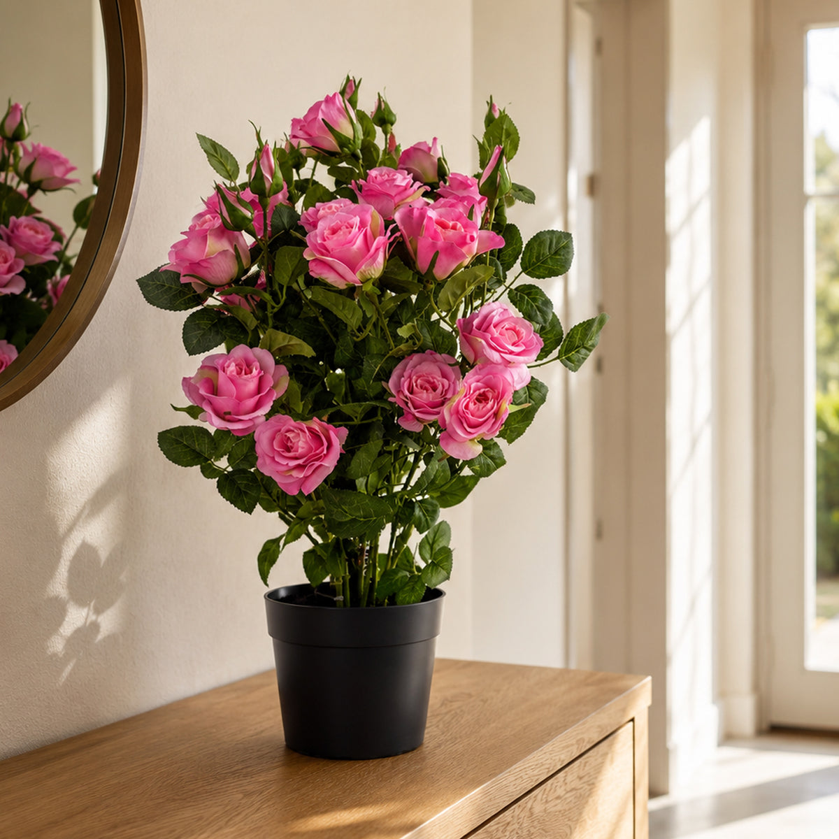 60cm Premium Artificial Rose Bush Pink Silk Flowers and Leaves