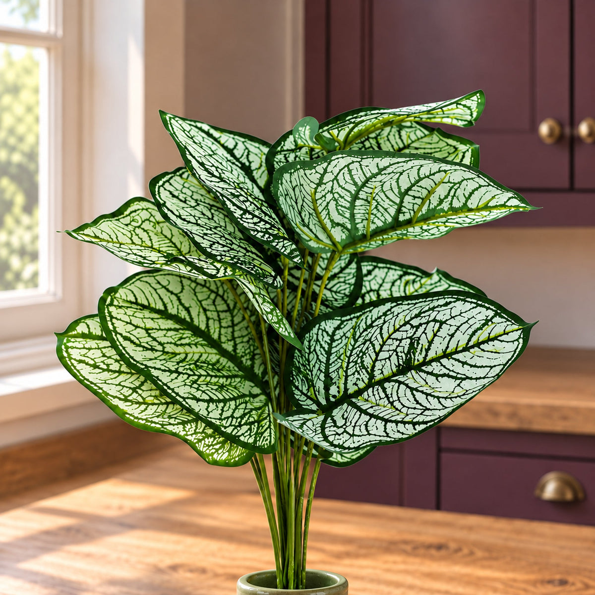 60cm Artificial Caladium Stem Plant - Variegated Green & White
