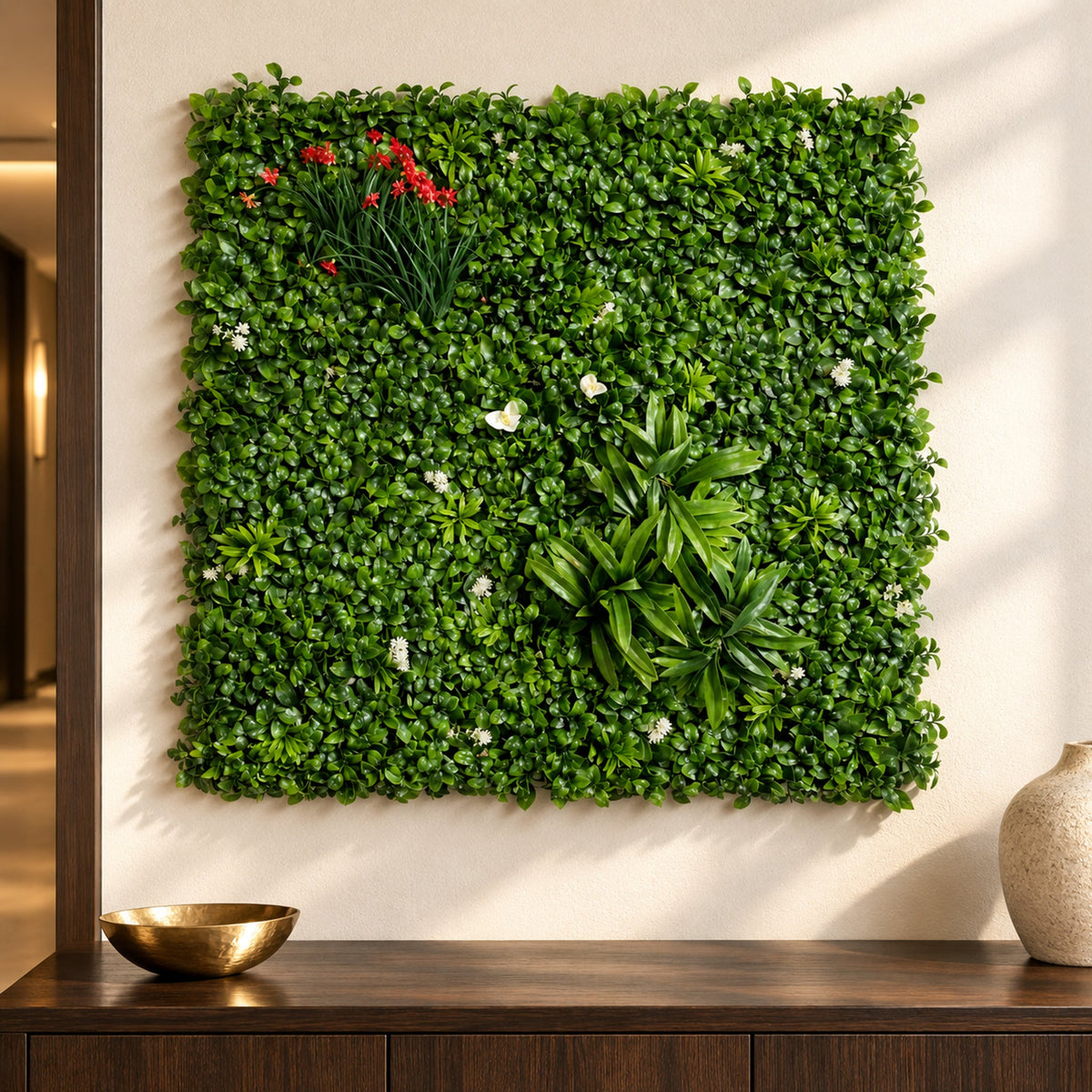 100cm Artificial Mixed Foliage Green Wall Panel with Floral Detail Faux Living Wall