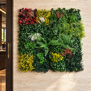 100cm Artificial Tropical Mixed Foliage Green Wall Panel with Red and Yellow Floral Detail
