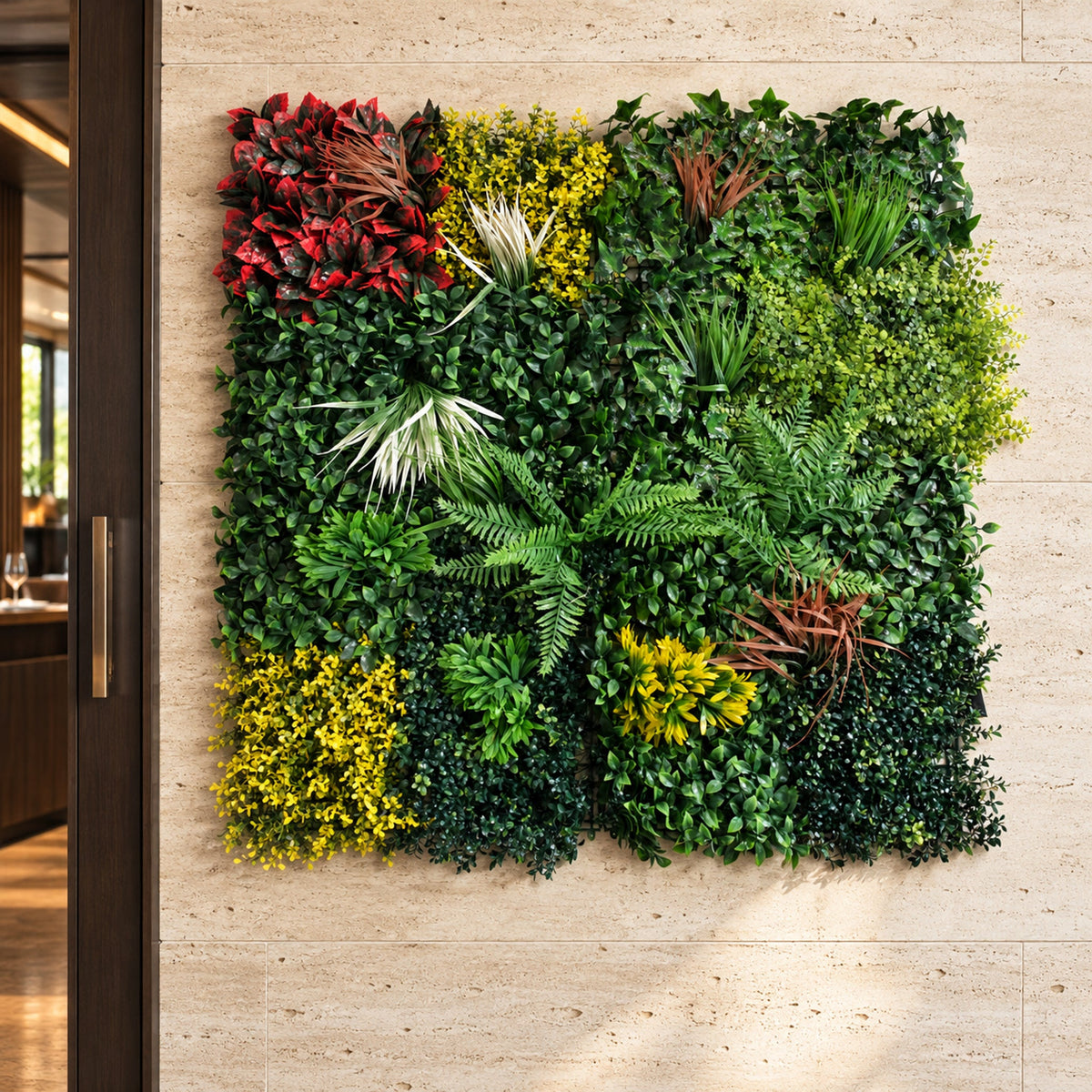 100cm Artificial Tropical Mixed Foliage Green Wall Panel with Red and Yellow Floral Detail