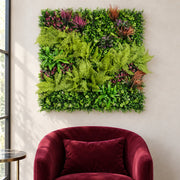 100cm Artificial Fern & Mixed Foliage Green Wall Panel with Burgundy and Grass Accents
