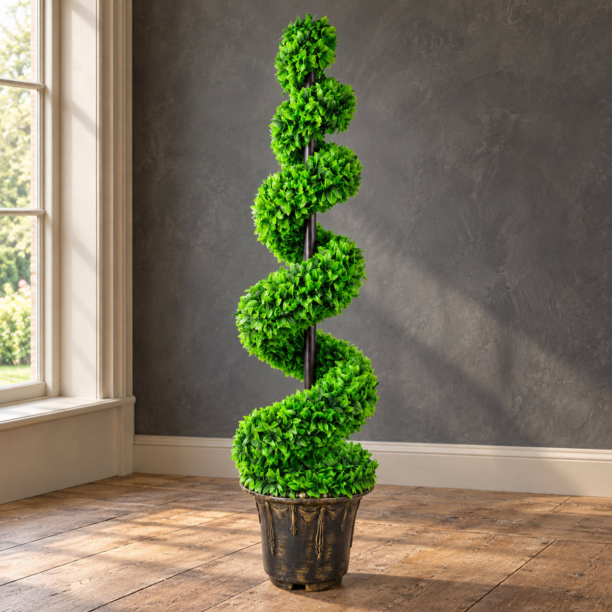 Artificial Green Large Leaf Spiral with Decorative Planter