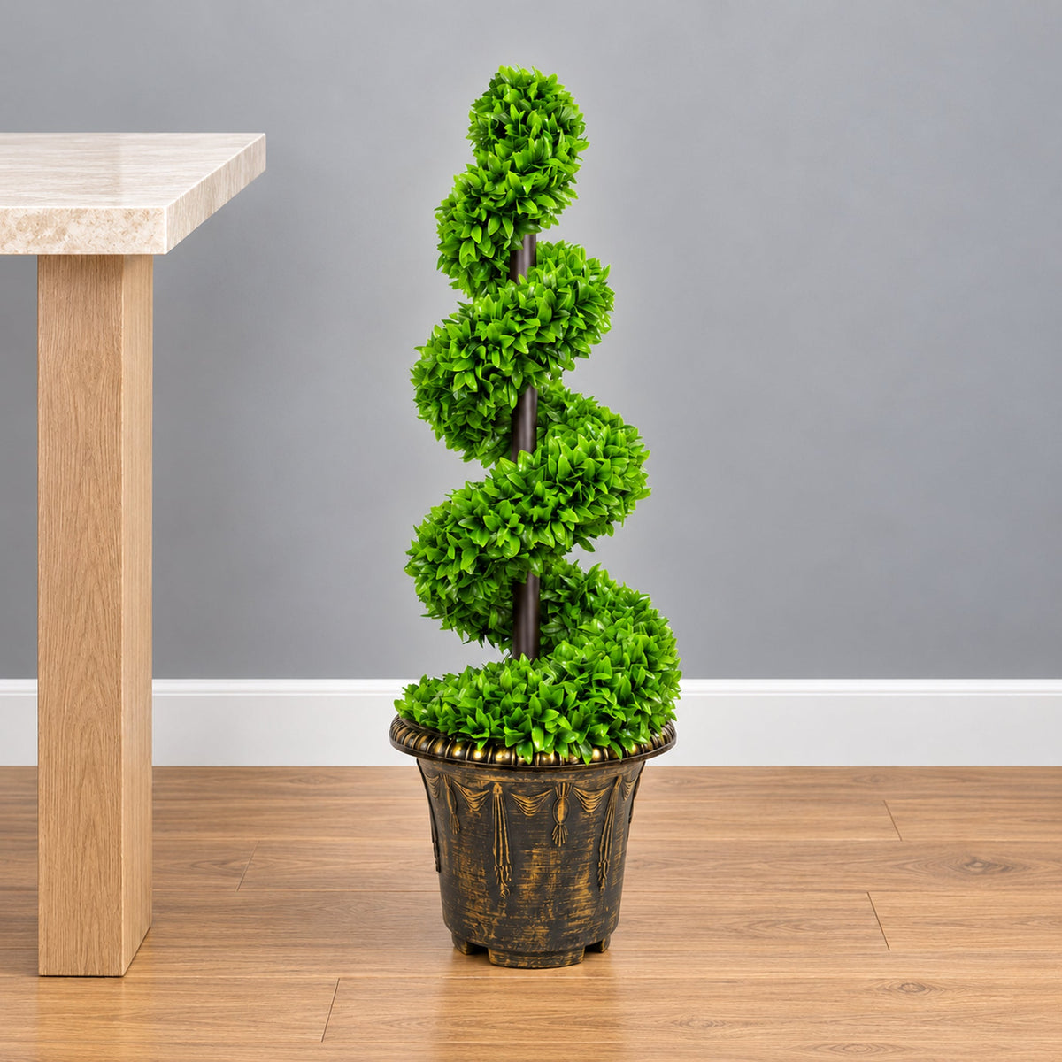 Artificial Green Large Leaf Spiral with Decorative Planter