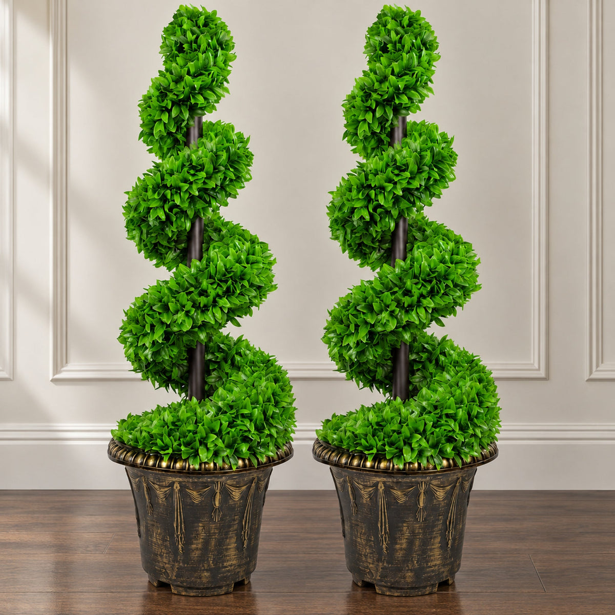 Artificial Green Large Leaf Spiral with Decorative Planter