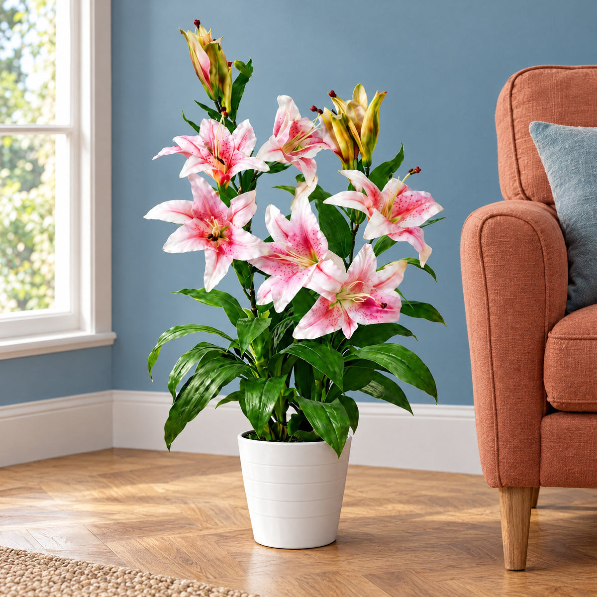90cm Artificial Stargazer Lily Plant - Large Flowers, White Pot