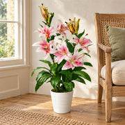 90cm Artificial Stargazer Lily Plant - Large Flowers, White Pot