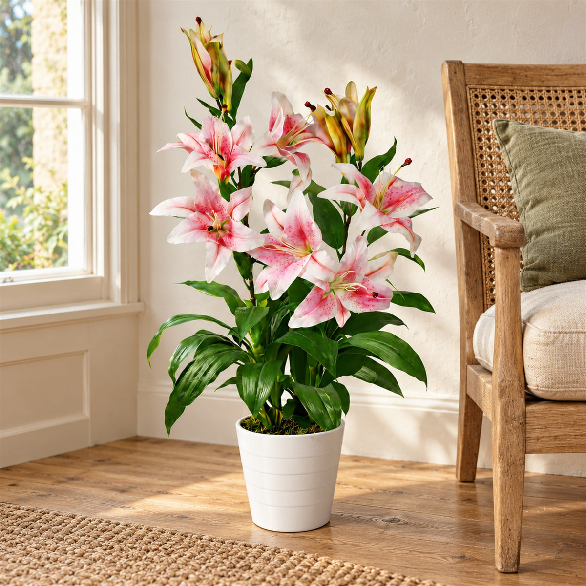 90cm Artificial Stargazer Lily Plant - Large Flowers, White Pot