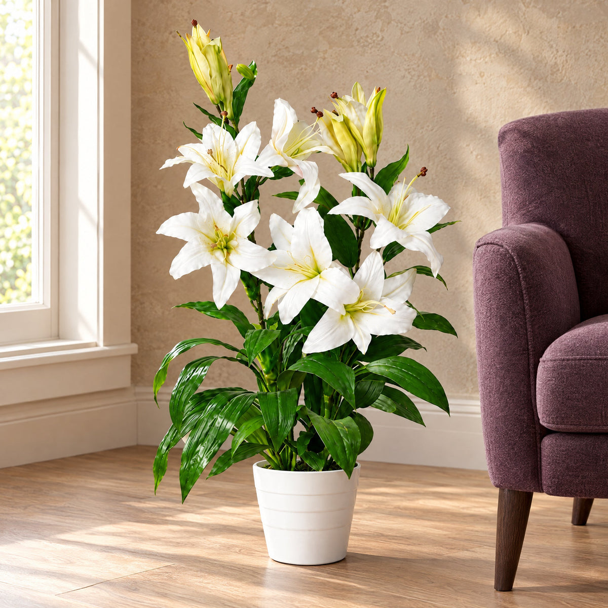 90cm Artificial Stargazer Lily Plant - Large Flowers, White Pot