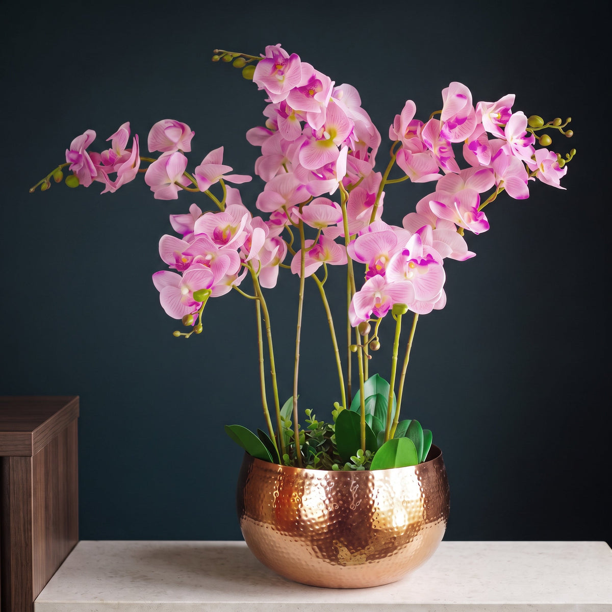 Large Artificial Orchids Display with XL Metal Bowl Planter 70x70cm