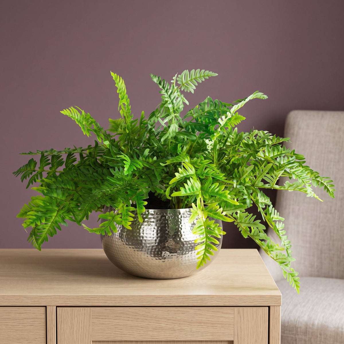 Large Artificial Ferns Display, XL Silver Bowl Planter 50x65cm