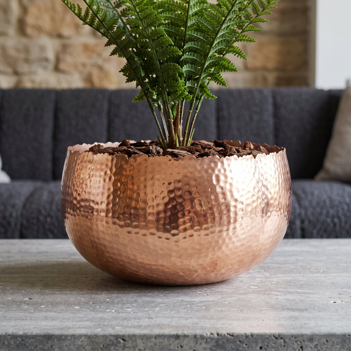 Large Metal Display Bowl Hammered Finish - Curved Edge