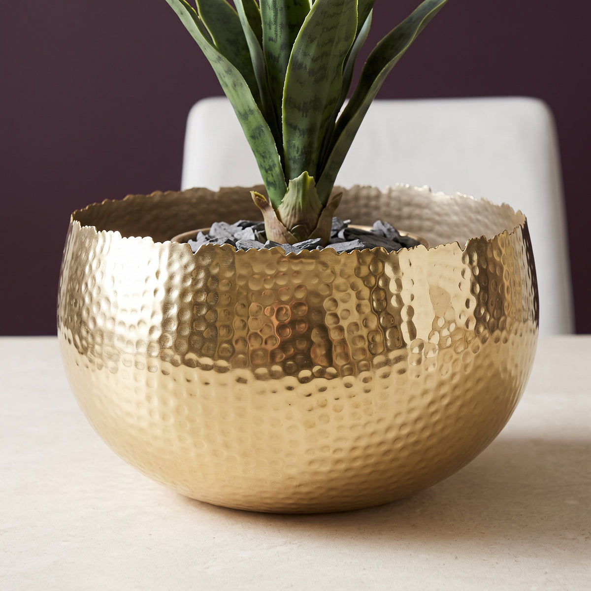 Large Metal Display Bowl Hammered Finish - Curved Edge - Gold 32cm