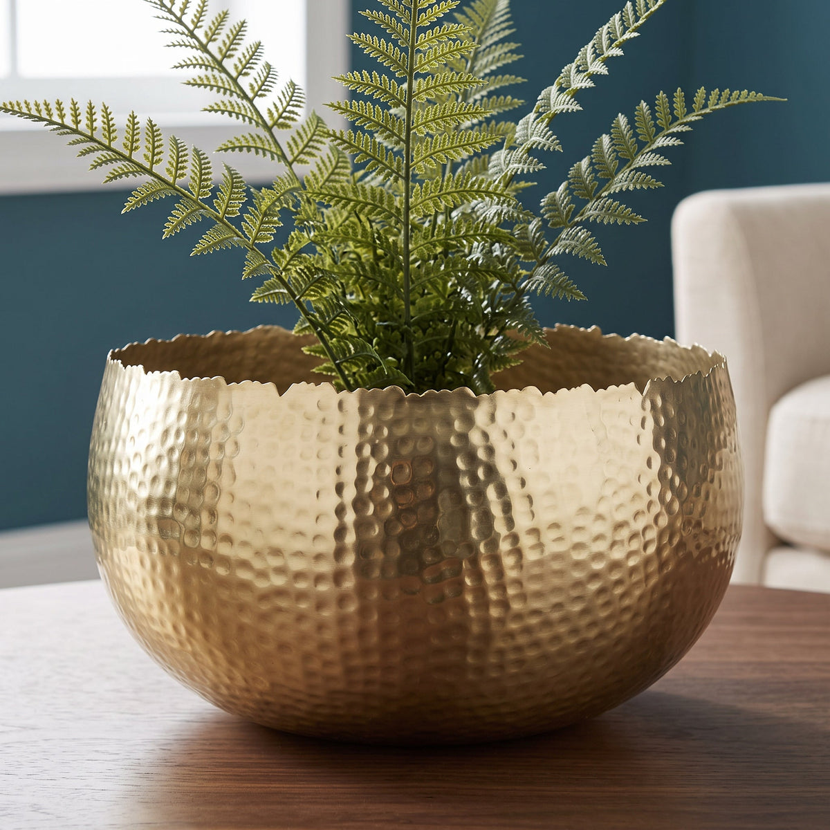 Large Metal Display Bowl Hammered Finish - Curved Edge