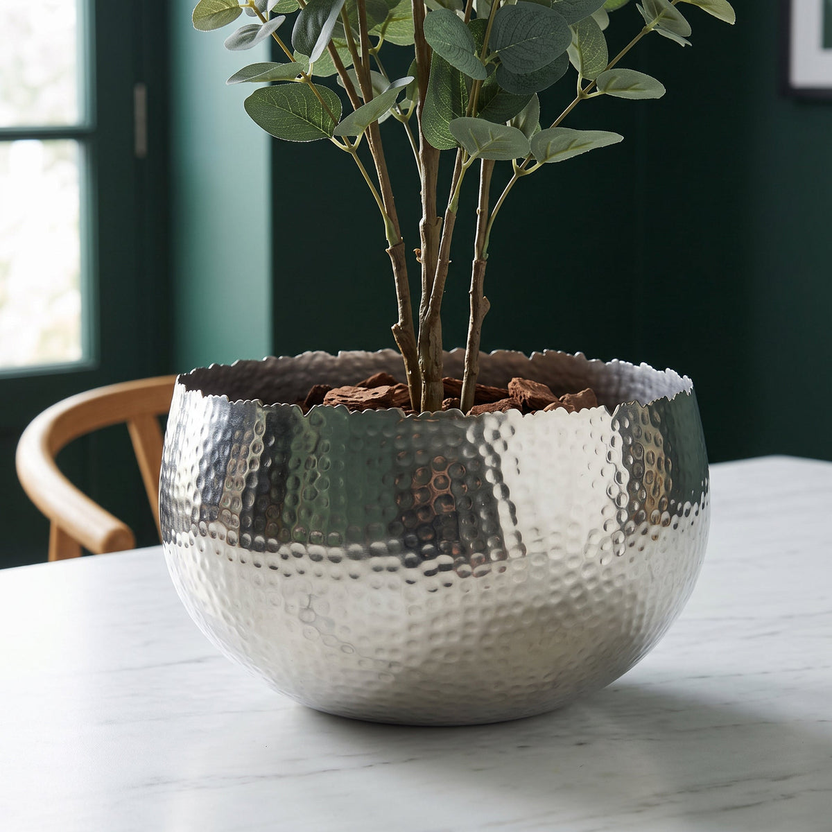 Large Metal Display Bowl Hammered Finish - Curved Edge