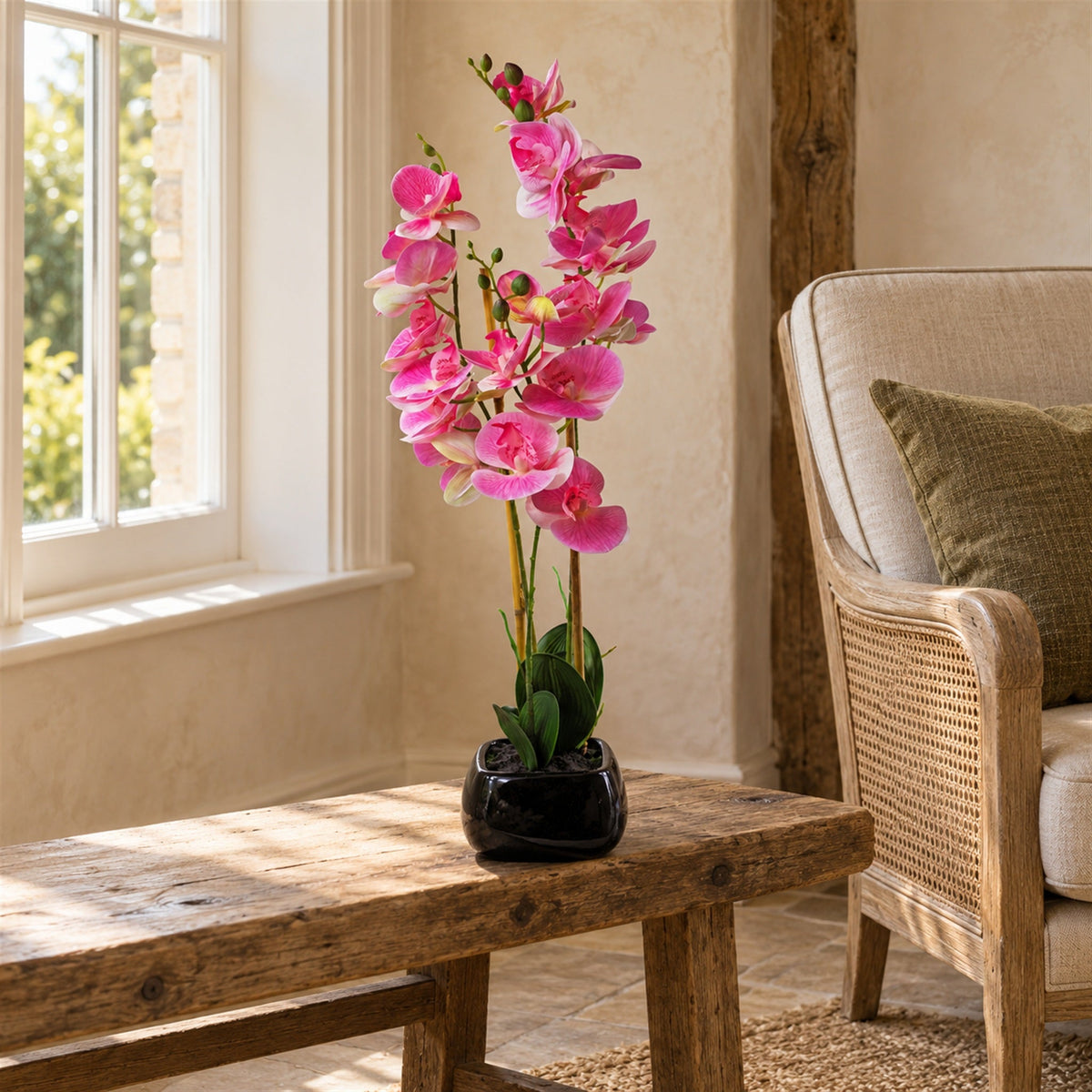 70cm Artificial Orchid Light Pink with Black Ceramic Planter