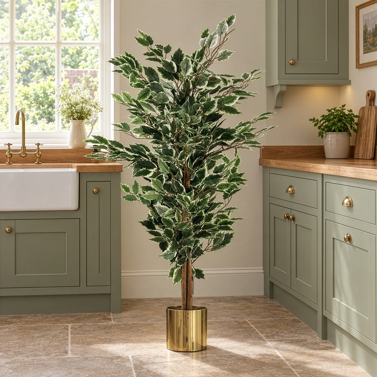 130cm Artificial Variegated White/Green Bushy Ficus Tree
