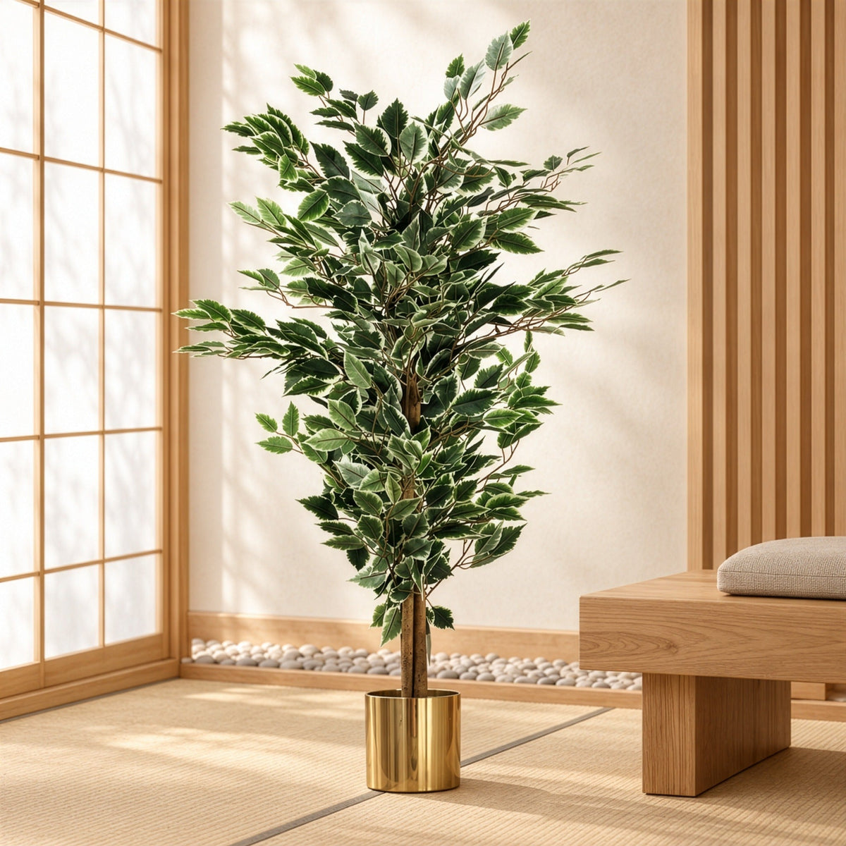 130cm Artificial Variegated White/Green Bushy Ficus Tree