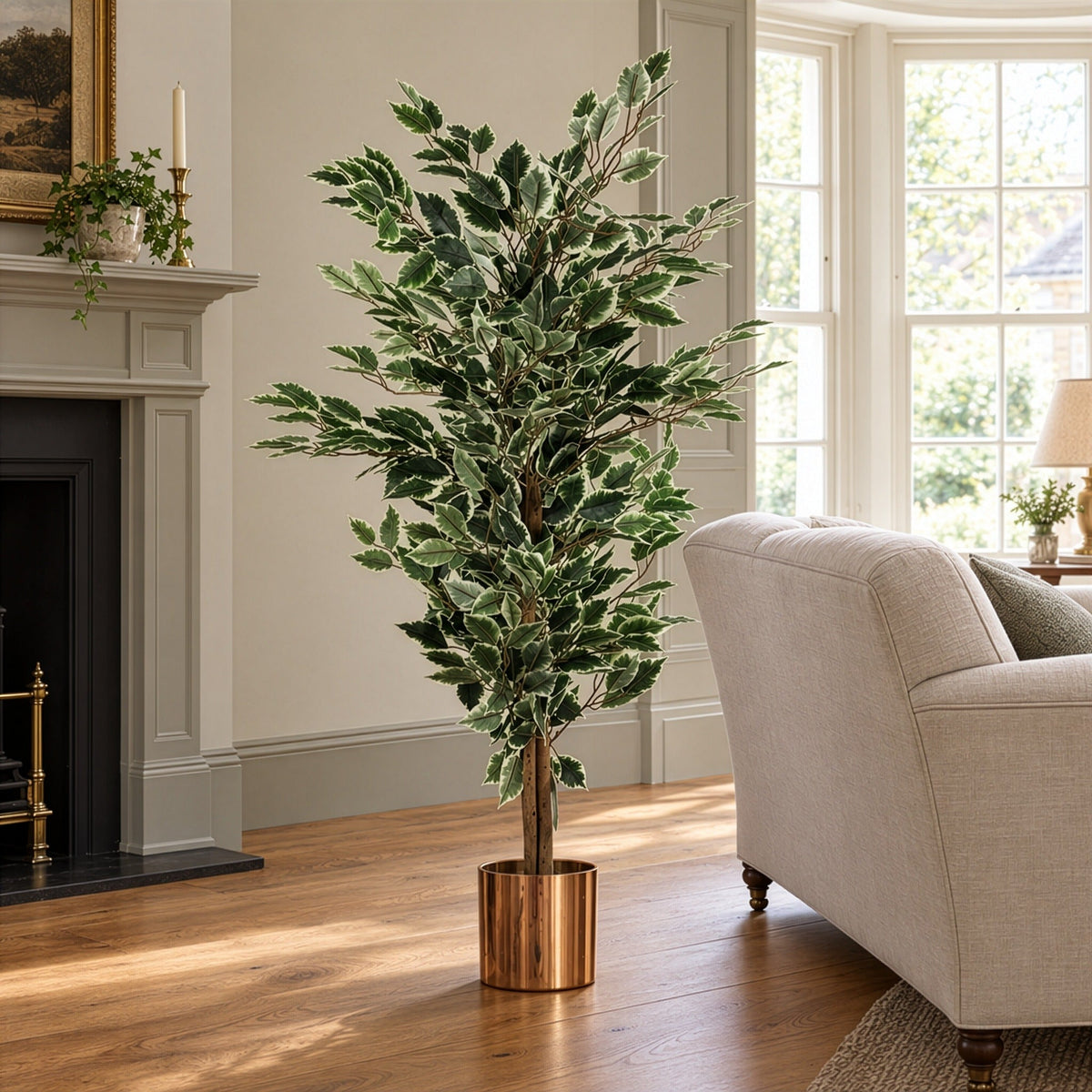 130cm Artificial Variegated White/Green Bushy Ficus Tree