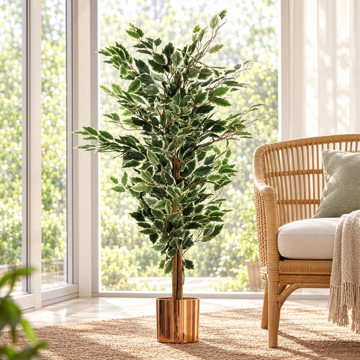 130cm Artificial Variegated White/Green Bushy Ficus Tree