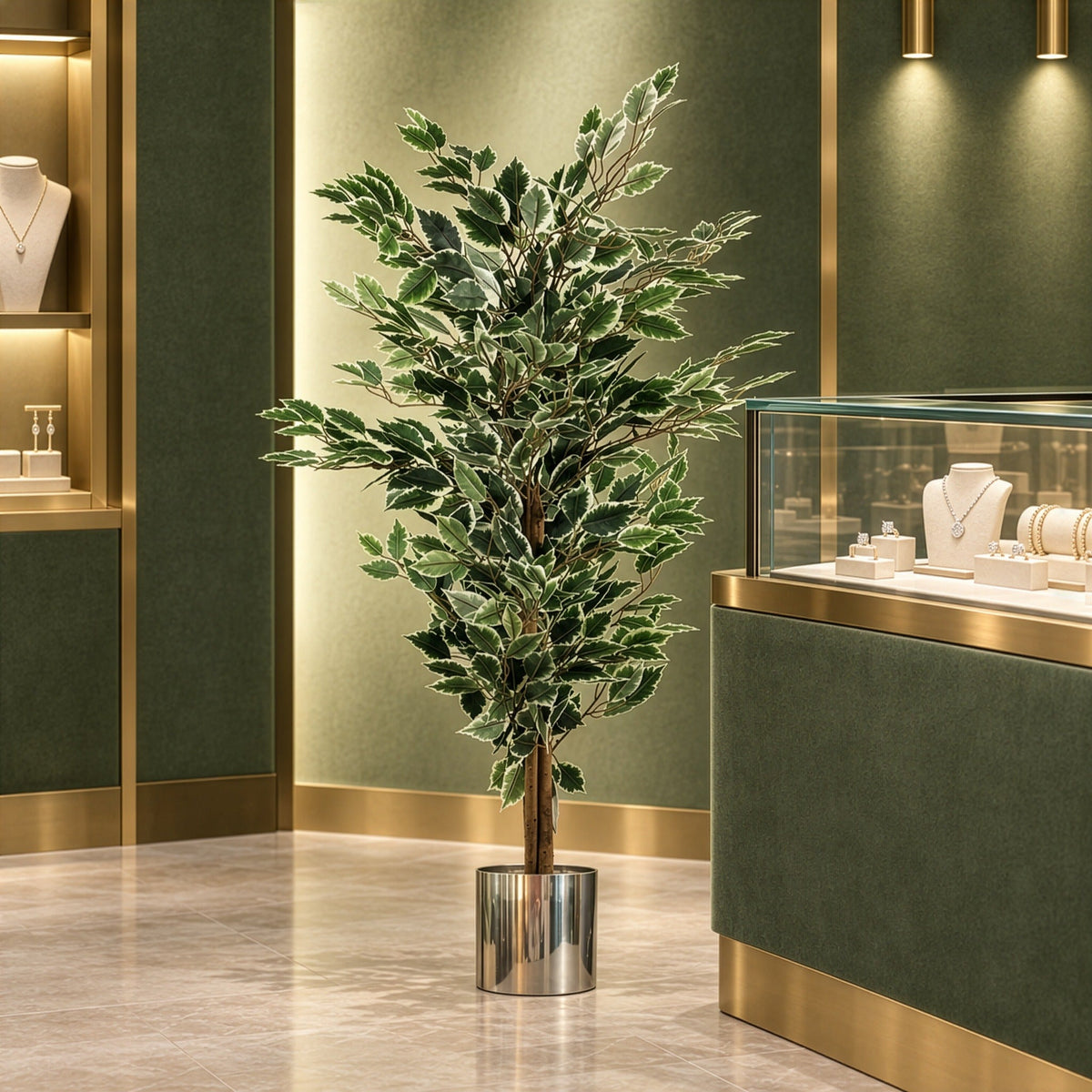 130cm Artificial Variegated White/Green Bushy Ficus Tree