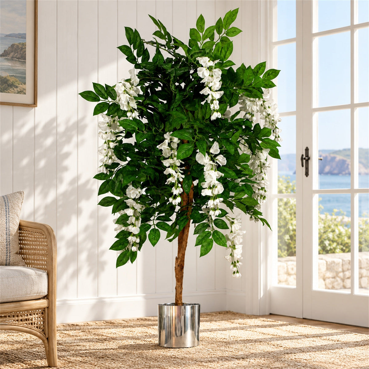 130cm Luxury Artificial Wisteria Tree White Flowers - Premium Range