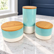 Set of Three Canisters Aqua Green Ceramic Storage Jars with Lids