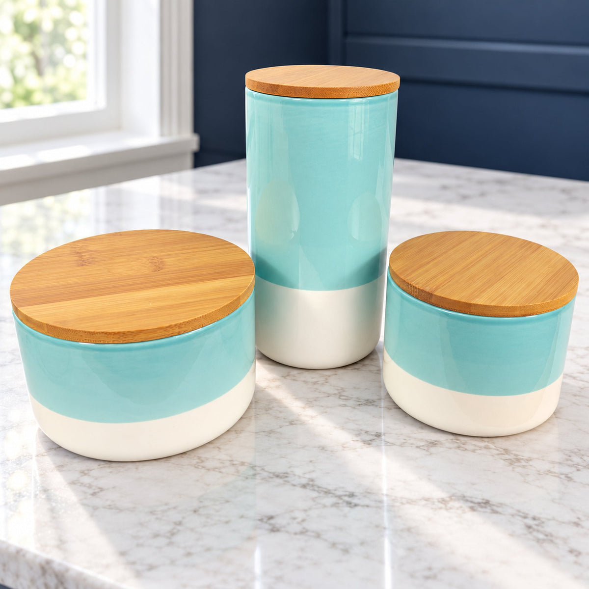 Set of Three Canisters Aqua Green Ceramic Storage Jars with Lids