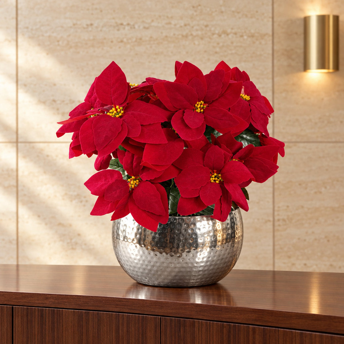 Artificial Christmas Poinsettia Table Display, Large Metal Planter