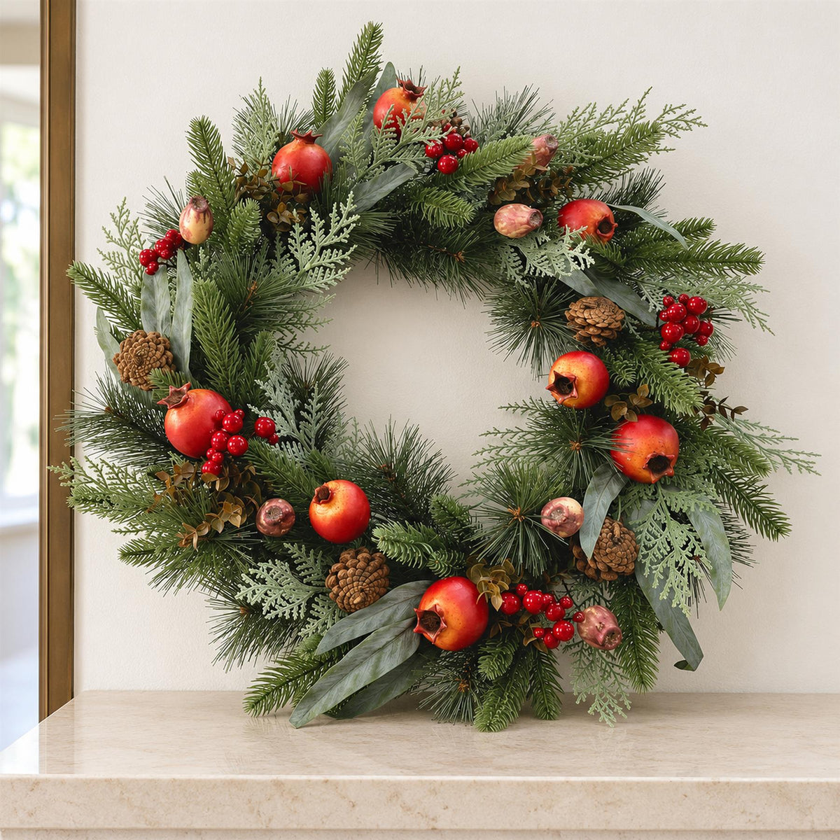 60cm Artificial Christmas Pomegranate and Red Berry Wreath