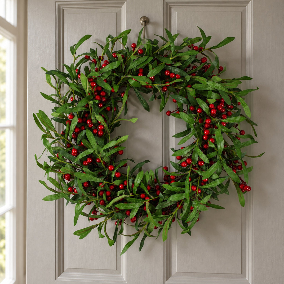 60cm Christmas Artificial Mistletoe & Red Berry Wreath - Large