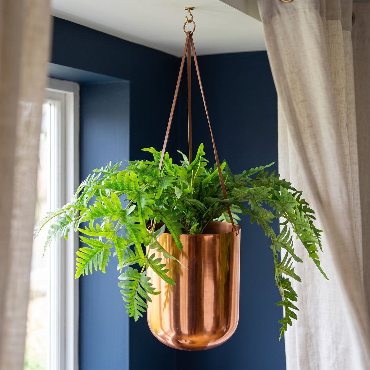 60cm Hanging Copper Planter with Artificial Evergreen Fern Plant