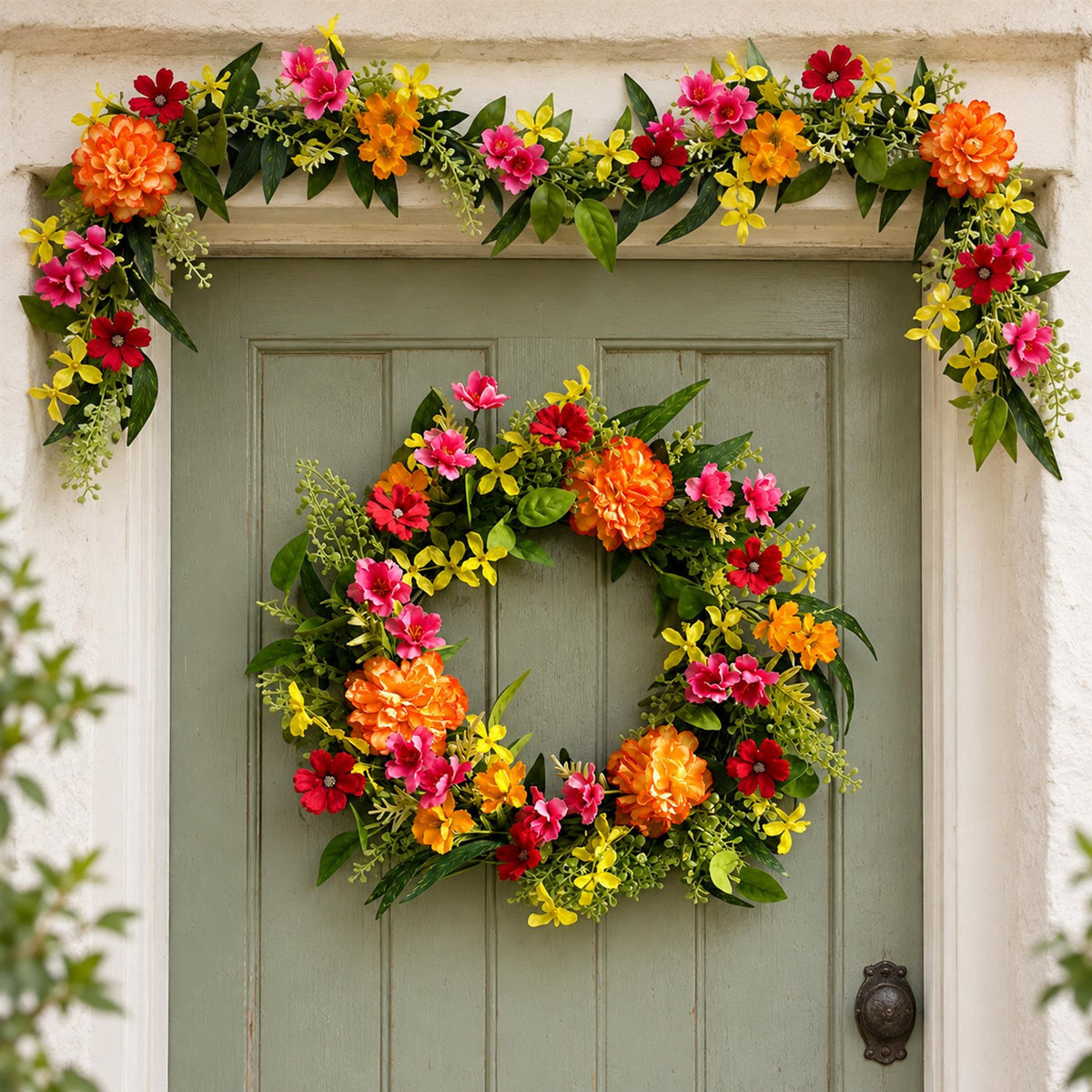 50cm Artificial Bright Spring Flower Wreath and 140cm Garland Set