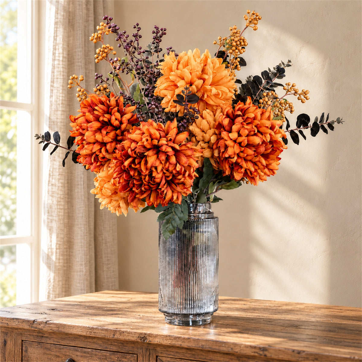 65cm Artificial Orange and Black Flower Arrangement Glass Vase